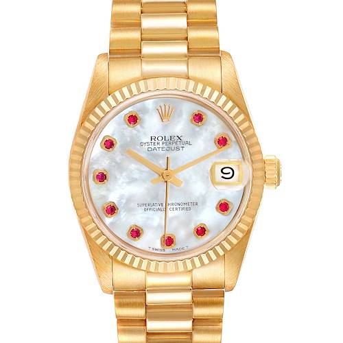 The image shows a front view of a Rolex Oyster Perpetual Datejust President model with a gold bracelet and bejeweled dial.