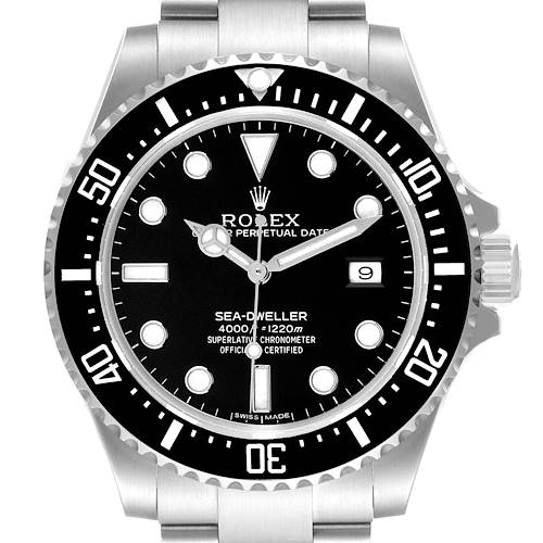 The image shows a front view of the Rolex Sea-Dweller 116600 Men's Stainless Steel Black Dial 116600 Men's Stainless Steel Black Dial watch, highlighting its black dial, bezel, and date window.