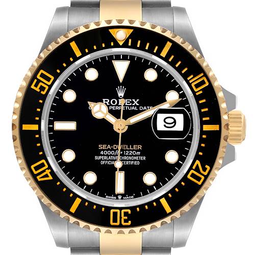 The image shows a front view of a Rolex Sea-Dweller 126603 Men's Steel and Gold (two tone) Black Dial 126603 Men's Steel and Gold (two tone) Black Dial watch, highlighting its dial, bezel, and date display.