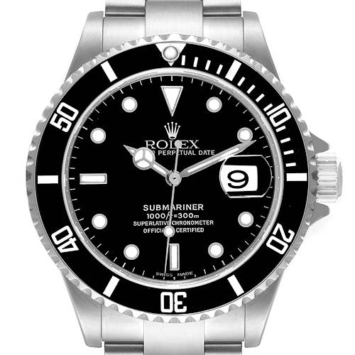The image shows a close-up frontal view of a Rolex Submariner 16610 Men's Stainless Steel Black Dial 16610 Men's Stainless Steel Black Dial watch, highlighting the dial, bezel, and part of the bracelet.