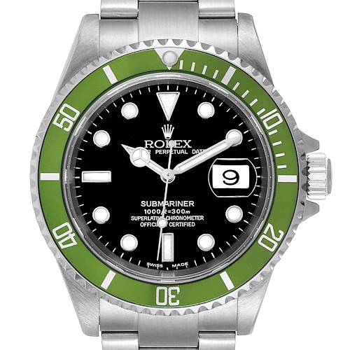 This is a front-angle view of the Rolex Submariner 16610LV Men's Stainless Steel Black Dial 16610LV Men's Stainless Steel Black Dial watch, showing its green bezel, black dial, and metal bracelet.