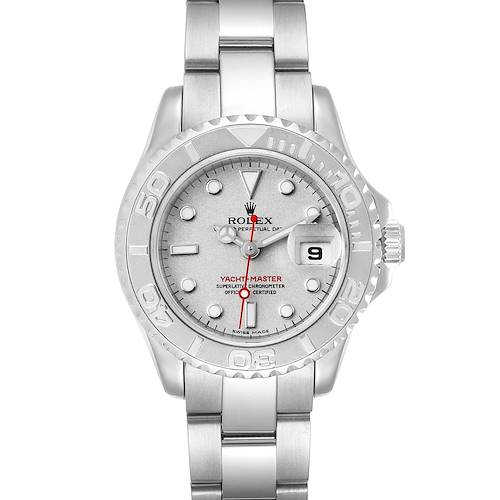 The image shows a front view of a Rolex Yacht-Master 169622 Women's Stainless Steel Silver Dial 169622 Women's Stainless Steel Silver Dial watch, highlighting its face, bezel, crown, and bracelet.