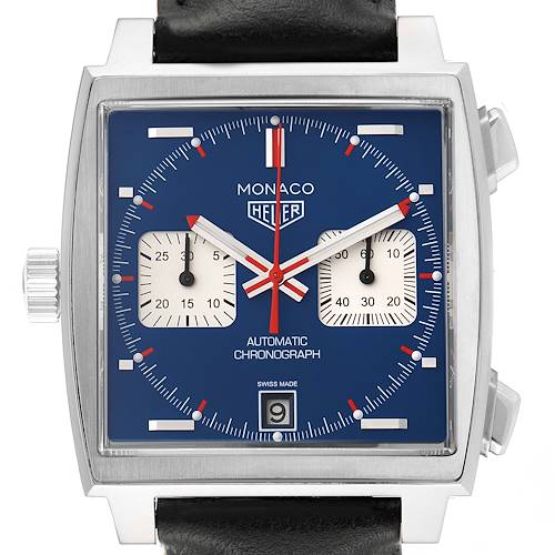 This Tag Heuer Monaco CAW211P Men's Stainless Steel Blue Dial CAW211P Men's Stainless Steel Blue Dial model watch is shown from a front angle, displaying its dial, hands, subdials, and date window.