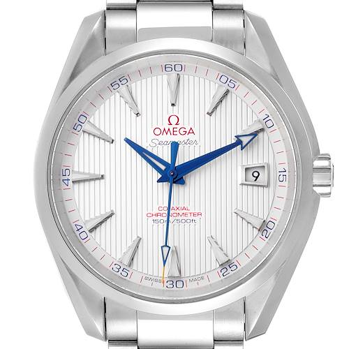 This image shows a front view of the Omega Seamaster Aqua Terra watch displaying its dial and markers.