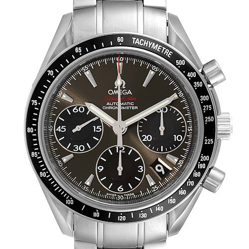 This image shows a front view of the Omega Speedmaster 323.30.40.40.06.001 Men's Stainless Steel Grey Dial 323.30.40.40.06.001 Men's Stainless Steel Grey Dial watch, highlighting the dial, tachymeter, chronograph sub-dials, and stainless steel case.