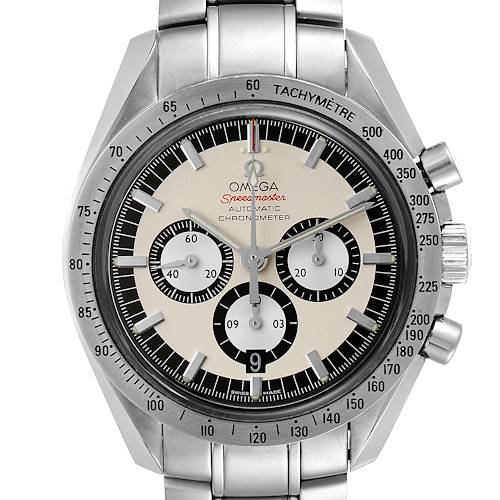 The image shows a front view of an Omega Speedmaster 3506.31.00 Men's Stainless Steel Silver Dial 3506.31.00 Men's Stainless Steel Silver Dial watch, displaying the dial, bezel, pushers, and part of the bracelet.