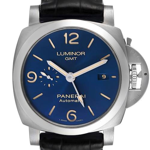 The image shows a frontal view of a Panerai Luminor PAM01033 Men's Stainless Steel Blue Dial PAM01033 Men's Stainless Steel Blue Dial GMT watch, highlighting the dial, crown guard, and straps.