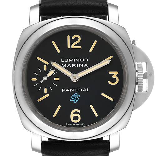 This image shows a front view of the Panerai Luminor PAM00631 Men's Stainless Steel Black Dial PAM00631 Men's Stainless Steel Black Dial watch, displaying the dial, hands, and crown guard.
