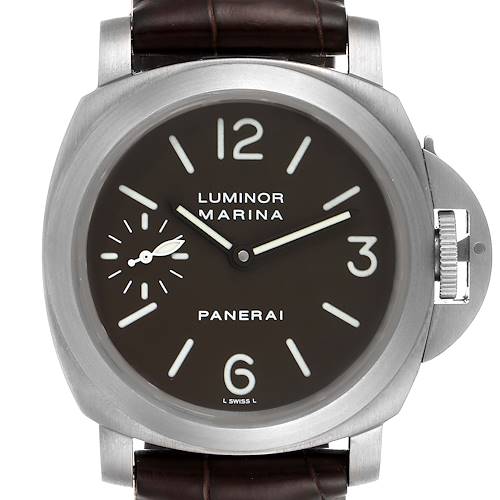 The image shows a front view of the Panerai Luminor PAM00118 Men's Titanium Brown Dial PAM00118 Men's Titanium Brown Dial Marina watch, featuring its dial, bezel, and part of the strap.