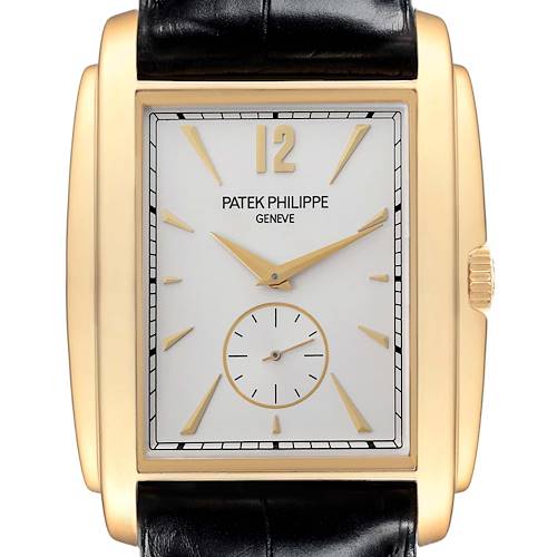 The Patek Philippe Gondolo 5124J Men's Yellow Gold Silver Dial 5124J Men's Yellow Gold Silver Dial watch is shown from a front angle, featuring its rectangular dial, hour markers, and crown.
