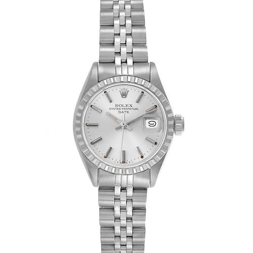 The Rolex Date 6924 Women's Stainless Steel Silver Dial 6924 Women's Stainless Steel Silver Dial model is shown from a front angle, displaying the dial, bezel, bracelet, and date window.