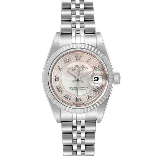 The image shows a Rolex Datejust 79174 Women's Stainless Steel Mother of Pearl Dial 79174 Women's Stainless Steel Mother of Pearl Dial watch from the front, displaying its face, bezel, case, and part of the bracelet.