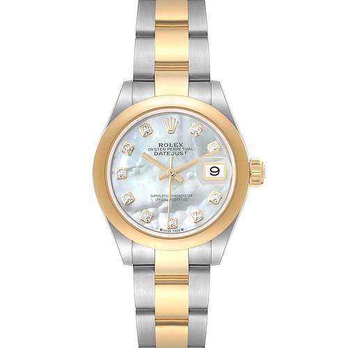 The image shows a frontal view of the Rolex Datejust 279163 Women's Steel and Gold (two tone) Mother of Pearl Dial 279163 Women's Steel and Gold (two tone) Mother of Pearl Dial watch, highlighting its dial, bezel, bracelet, and date display.