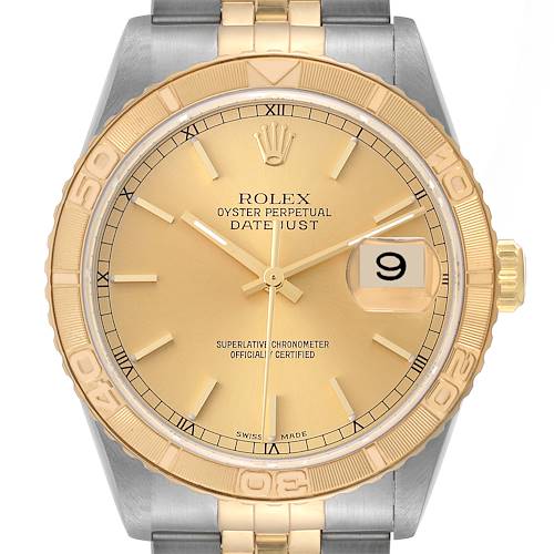 The image shows a front view of a Rolex Turn-o-Graph 16263 Men's Steel and Gold (two tone) Champagne Dial 16263 Men's Steel and Gold (two tone) Champagne Dial Datejust watch, displaying the dial, bezel, and part of the bracelet.