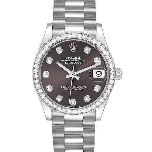 The image shows a front view of a Rolex President 278289 Women's White Gold Grey Dial 278289 Women's White Gold Grey Dial model watch, highlighting its dial, date window, bezel, and bracelet.