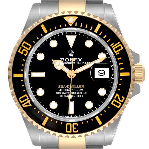 The image shows a frontal close-up of the Rolex Sea-Dweller 126603 Men's Steel and Gold (two tone) Black Dial 126603 Men's Steel and Gold (two tone) Black Dial watch, highlighting the bezel, dial, hands, and date window.