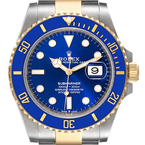 This image shows a Rolex Submariner 126613 Men's Steel and Gold (two tone) Blue Dial 126613 Men's Steel and Gold (two tone) Blue Dial watch from a front angle, highlighting its blue dial, bezel, and two-tone bracelet.