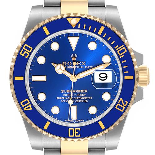The image shows a front view of a Rolex Submariner 116613 Men's Steel and Gold (two tone) Blue Dial 116613 Men's Steel and Gold (two tone) Blue Dial watch with a blue dial, gold accents, and a date display at 3 o'clock.