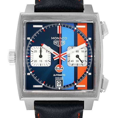 The Tag Heuer Monaco CAW211R.FC6401 Men's Stainless Steel Blue Dial CAW211R.FC6401 Men's Stainless Steel Blue Dial model watch is shown from the front, displaying its square face, chronograph subdials, and date window.