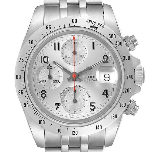 This is a frontal view of the Tudor Tiger 79280 Men's Stainless Steel Silver Dial 79280 Men's Stainless Steel Silver Dial model watch, showing the dial, chronograph subdials, bezel, and bracelet.