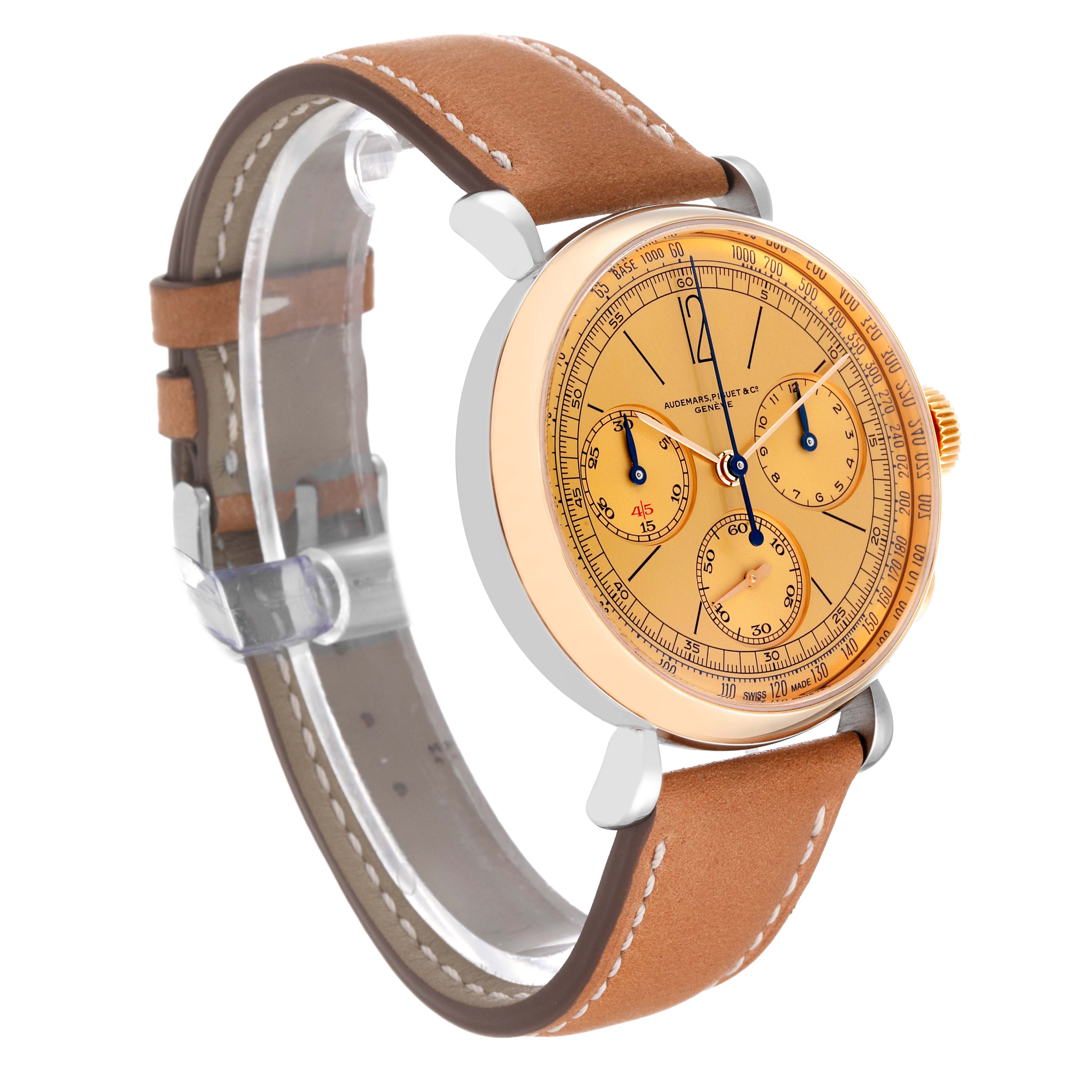 The image shows a side angle view of the Remaster model by Audemars Piguet, highlighting its dial, case, and leather strap.