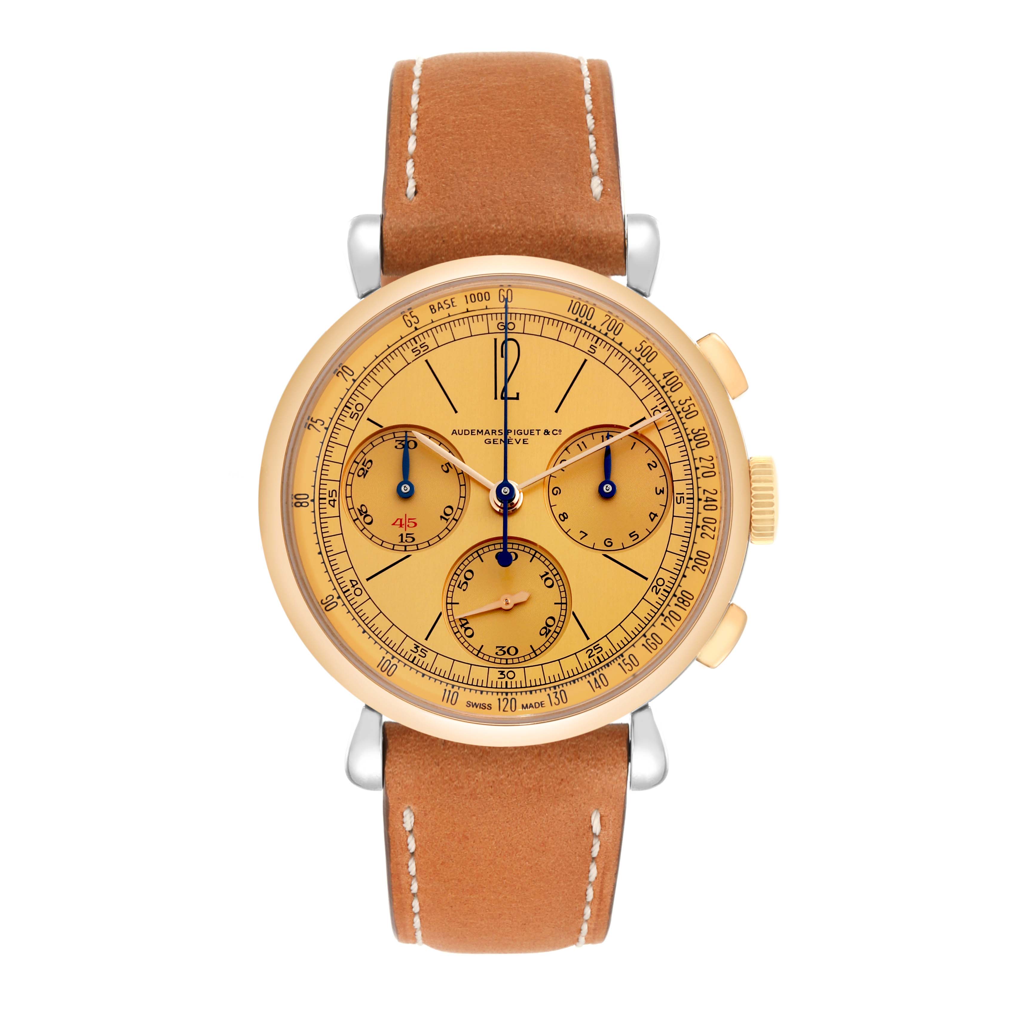 The Audemars Piguet Remaster  26595SR Men's Steel and Gold (two tone) Champagne Dial 26595SR Men's Steel and Gold (two tone) Champagne Dialwatch is shown from a top-down angle, displaying its face, dials, and brown leather strap.