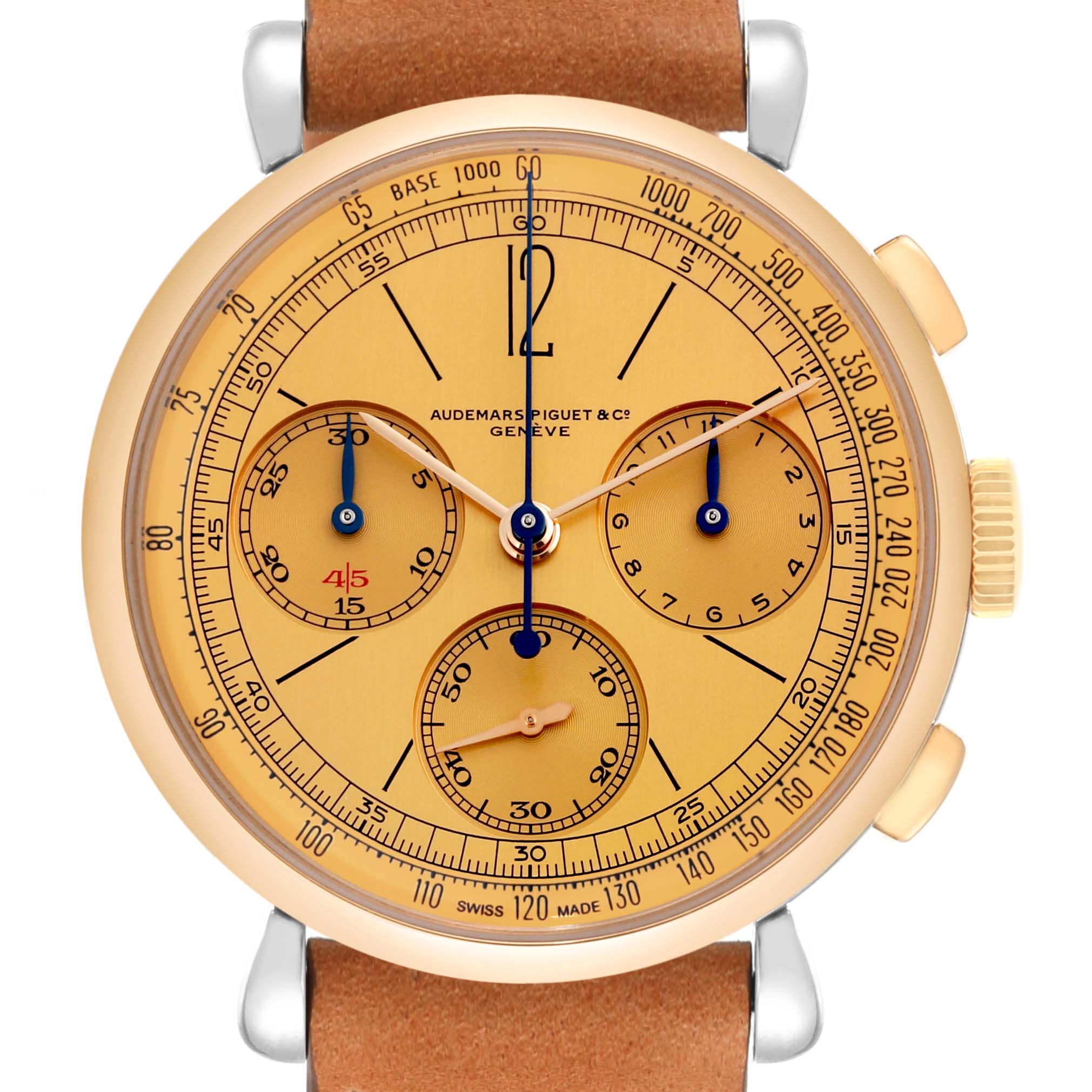 The image shows a front-facing Audemars Piguet Remaster  26595SR Men's Steel and Gold (two tone) Champagne Dial 26595SR Men's Steel and Gold (two tone) Champagne Dialwatch with a chronograph display and brown leather strap.