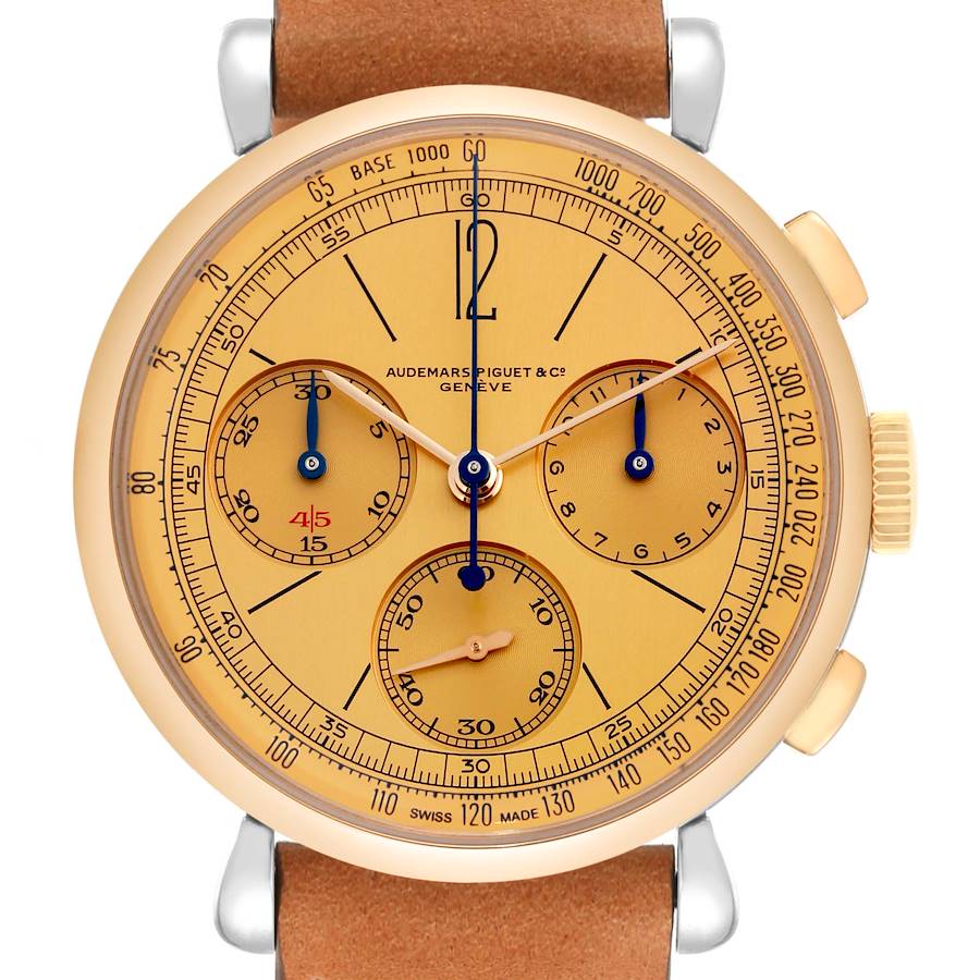 The image shows a front-facing Audemars Piguet Remaster  26595SR Men's Steel and Gold (two tone) Champagne Dial 26595SR Men's Steel and Gold (two tone) Champagne Dialwatch with a chronograph display and brown leather strap.