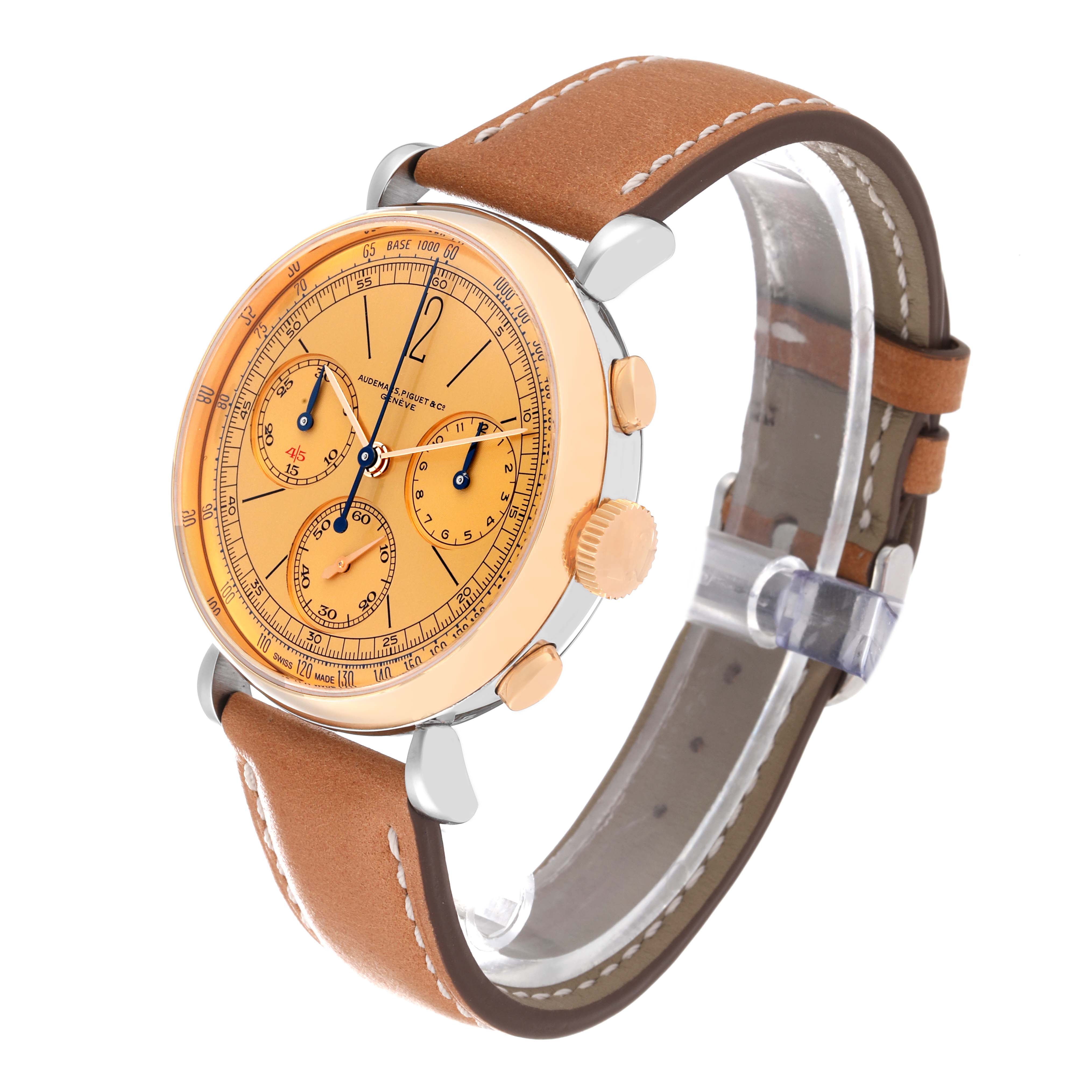 This image shows a side angle of the Audemars Piguet Remaster  26595SR Men's Steel and Gold (two tone) Champagne Dial 26595SR Men's Steel and Gold (two tone) Champagne Dialmodel, highlighting its dial, crown, pushers, and leather strap.