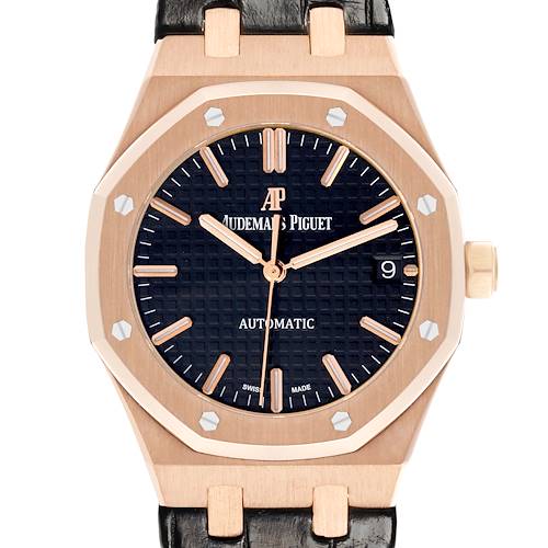 The Audemars Piguet Royal Oak 15450OR.OO.D002CR.01 Men's Rose Gold Black Dial 15450OR.OO.D002CR.01 Men's Rose Gold Black Dial watch is shown from the front, displaying the face, bezel, crown, and part of the strap.