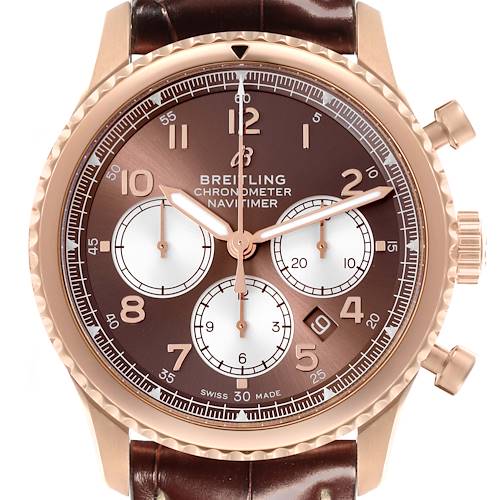 The Breitling Aviator RB0117131Q1P1 Men's Rose Gold Brown Dial RB0117131Q1P1 Men's Rose Gold Brown Dial watch is shown from the front, displaying the dial, hands, subdials, and crown.