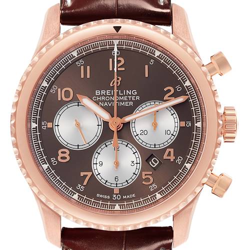 The Breitling Aviator RB0117131Q1P1 Men's Rose Gold Brown Dial RB0117131Q1P1 Men's Rose Gold Brown Dial watch is shown from the front, highlighting the dial, subdials, bezel, and crown.