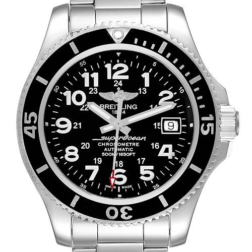 The Breitling Superocean A17365 Men's Stainless Steel Black Dial A17365 Men's Stainless Steel Black Dial watch is shown from a front angle, highlighting the dial, bezel, and part of the bracelet.