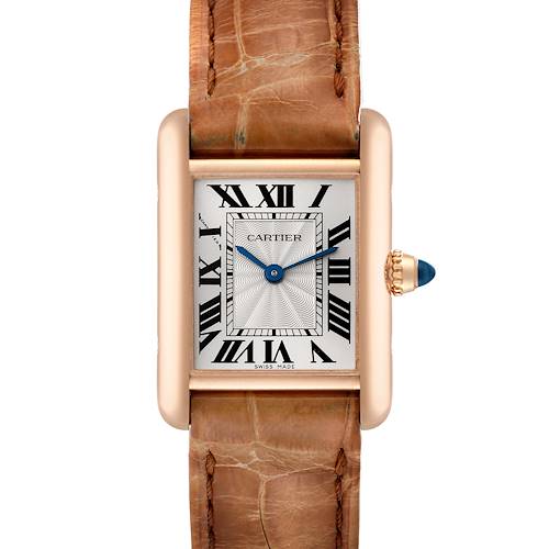 The image shows a front view of the Cartier Tank Louis WGTA0010 Women's Rose Gold Silver Dial WGTA0010 Women's Rose Gold Silver Dial watch with a tan leather strap and rose gold casing.
