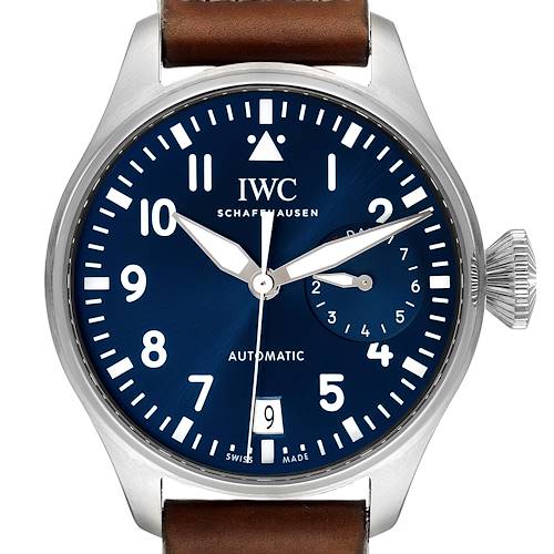 The image shows a frontal view of an IWC Pilot IW500916 Men's Stainless Steel Blue Dial IW500916 Men's Stainless Steel Blue Dial model watch, highlighting the dial, hour markers, and brown leather strap.