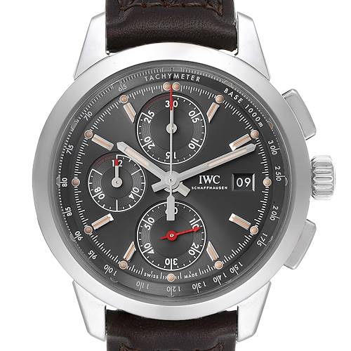 The image shows a frontal view of an IWC Ingenieur IW380702 Men's Stainless Steel Grey Dial IW380702 Men's Stainless Steel Grey Dial watch, highlighting its dark dial, chronograph functions, and date window.
