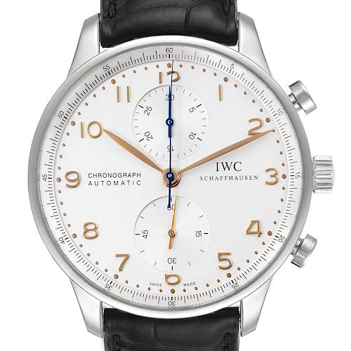 The image shows a front view of an IWC Portuguese IW371445 Men's Stainless Steel Silver Dial IW371445 Men's Stainless Steel Silver Dial Chronograph watch with a white dial, gold numerals, and black leather strap.
