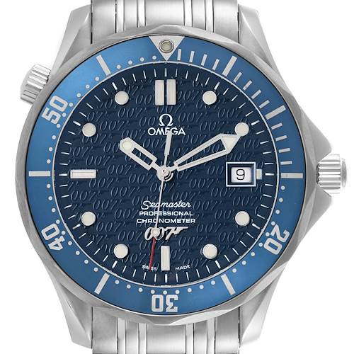 The Omega Seamaster 2537.80.00 Men's Stainless Steel Blue Dial 2537.80.00 Men's Stainless Steel Blue Dial watch is shown from the front, displaying the dial, hands, bezel, bracelet, and date window.