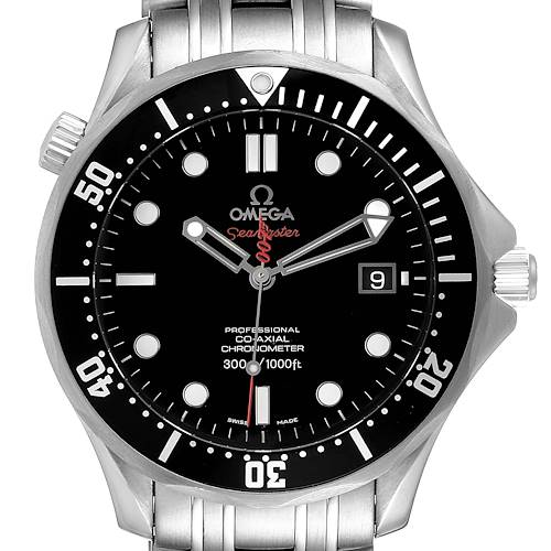 The image shows a front view of the Omega Seamaster 212.30.41.20.01.001 Men's Stainless Steel Black Dial 212.30.41.20.01.001 Men's Stainless Steel Black Dial watch displaying its face, bezel, and part of the stainless steel bracelet.