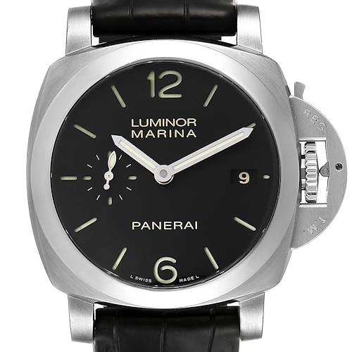 This Panerai Luminor PAM00392 Men's Stainless Steel Black Dial PAM00392 Men's Stainless Steel Black Dial Marina watch is shown from a front angle, displaying the dial, case, crown guard, and strap.