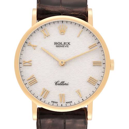 The image shows the face of a Rolex Cellini 5112 Men's Yellow Gold Beige Dial 5112 Men's Yellow Gold Beige Dial watch from a front angle, highlighting its gold Roman numerals, logo, and leather strap.