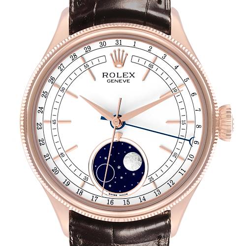 The Rolex Cellini 50535 Men's Rose Gold White Dial 50535 Men's Rose Gold White Dial watch is shown from a front angle, highlighting the dial, hands, crown, and lunar phase feature.