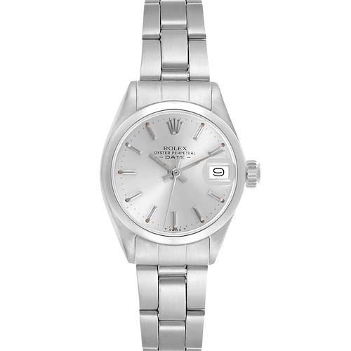 The Rolex Date 6916 Women's Stainless Steel Silver Dial 6916 Women's Stainless Steel Silver Dial model watch is shown from a front angle, displaying the dial, bezel, bracelet, and crown.