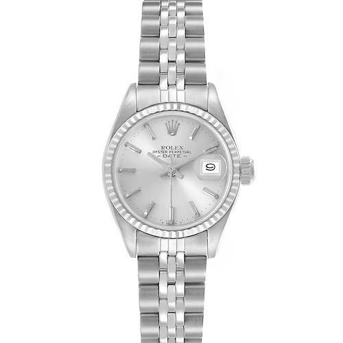 The Rolex Date 6917 Women's Stainless Steel Silver Dial 6917 Women's Stainless Steel Silver Dial watch is shown from a front view, highlighting the dial, bezel, and bracelet.