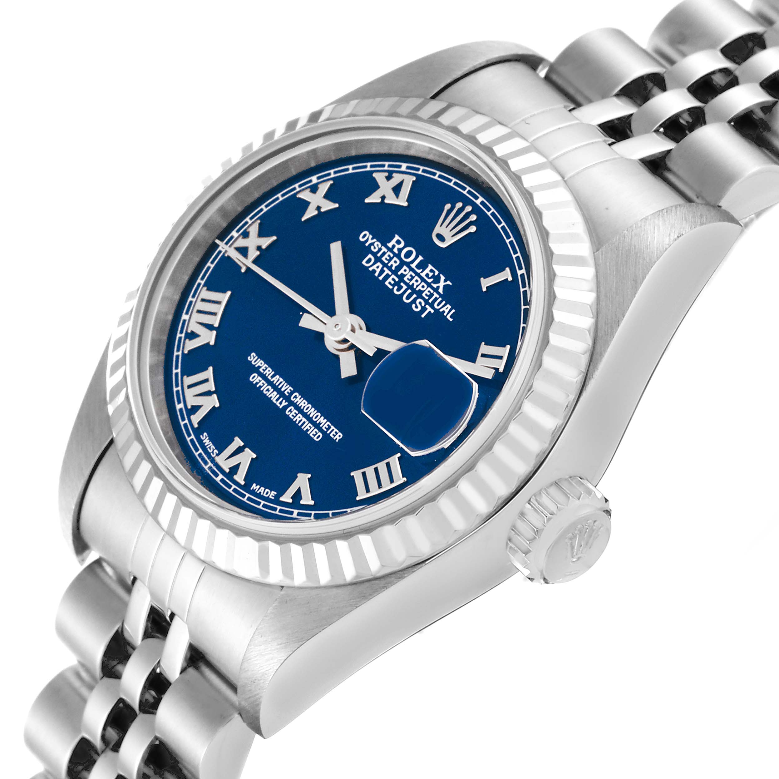 The image shows a close-up angled view of a Rolex Datejust 79174 Women's Stainless Steel Blue Dial 79174 Women's Stainless Steel Blue Dial watch, highlighting the dial, bezel, and part of the bracelet.