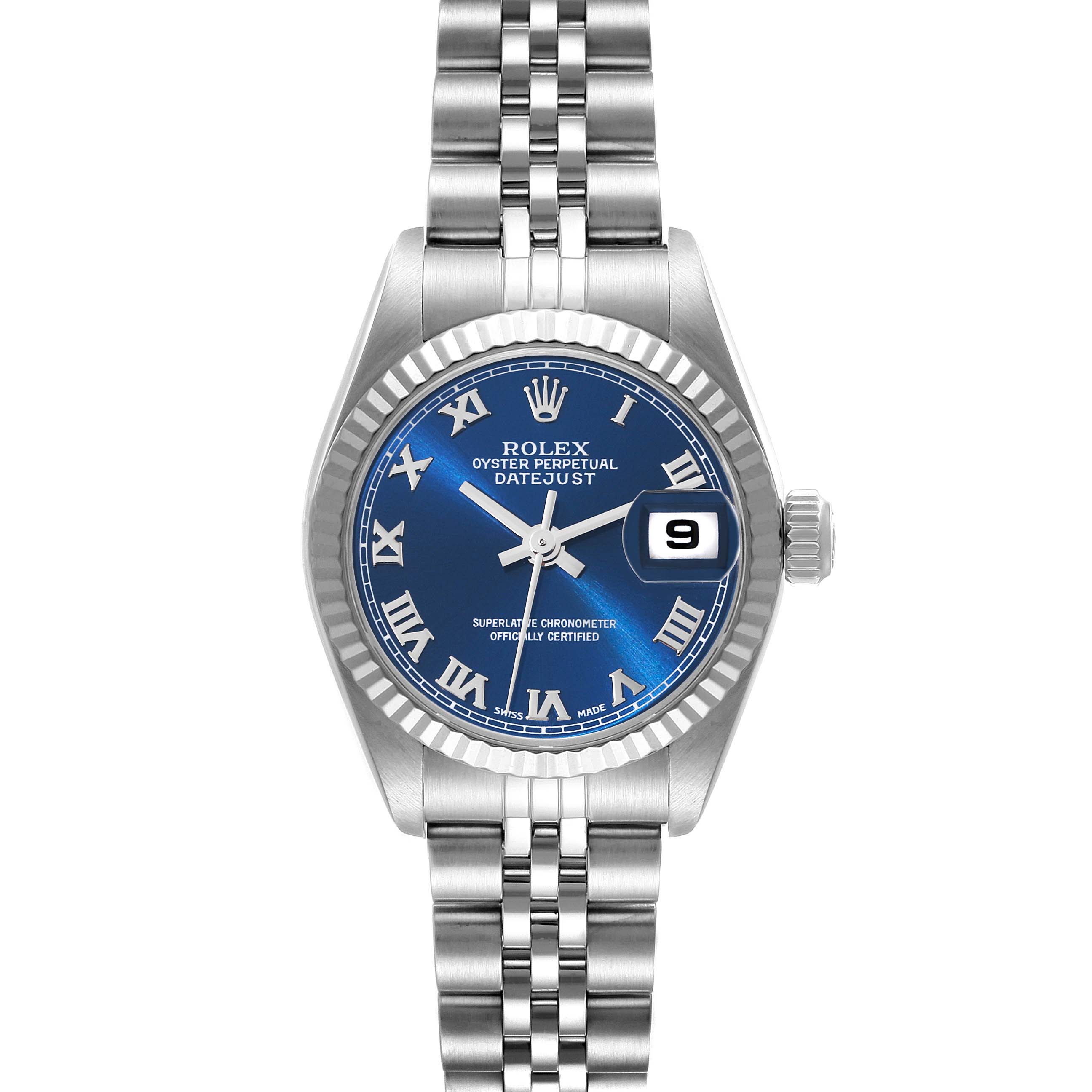 This image shows a Rolex Datejust 79174 Women's Stainless Steel Blue Dial 79174 Women's Stainless Steel Blue Dial watch featuring a blue dial, Roman numerals, a fluted bezel, and Jubilee bracelet from a straight-on angle.