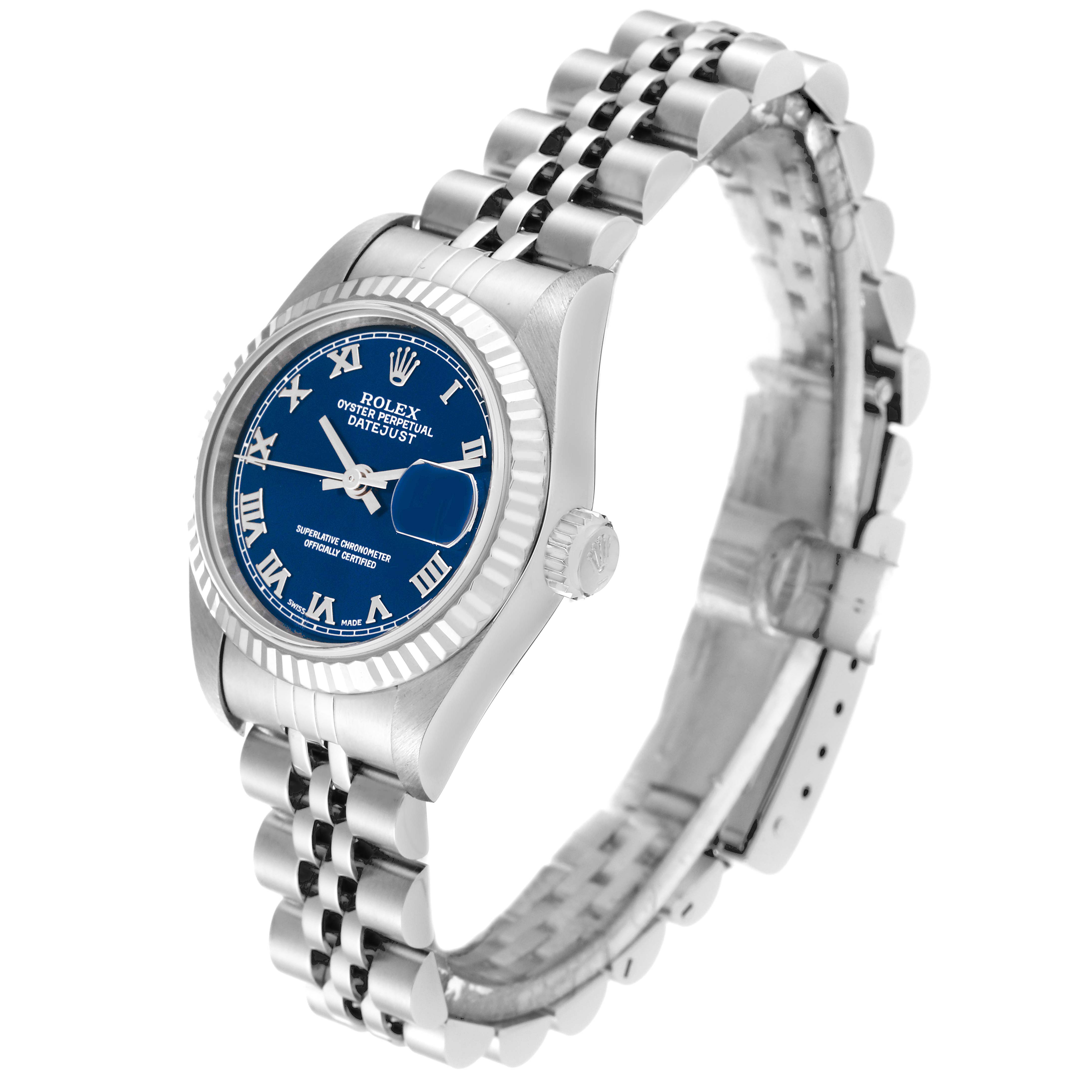 This image shows a side angle view of a Rolex Datejust 79174 Women's Stainless Steel Blue Dial 79174 Women's Stainless Steel Blue Dial watch, highlighting its blue dial, fluted bezel, and jubilee bracelet.