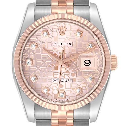 The Rolex Datejust 116231 Men's Steel and Gold (two tone) Pink Dial 116231 Men's Steel and Gold (two tone) Pink Dial watch is shown from a front angle, highlighting its dial, bezel, crown, and part of the bracelet.