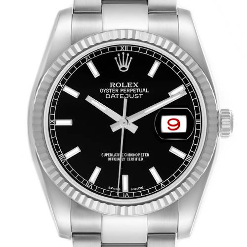 The Rolex Datejust 116234 Men's Stainless Steel Black Dial 116234 Men's Stainless Steel Black Dial watch is shown from a frontal angle, displaying its dial, fluted bezel, crown, and bracelet links.