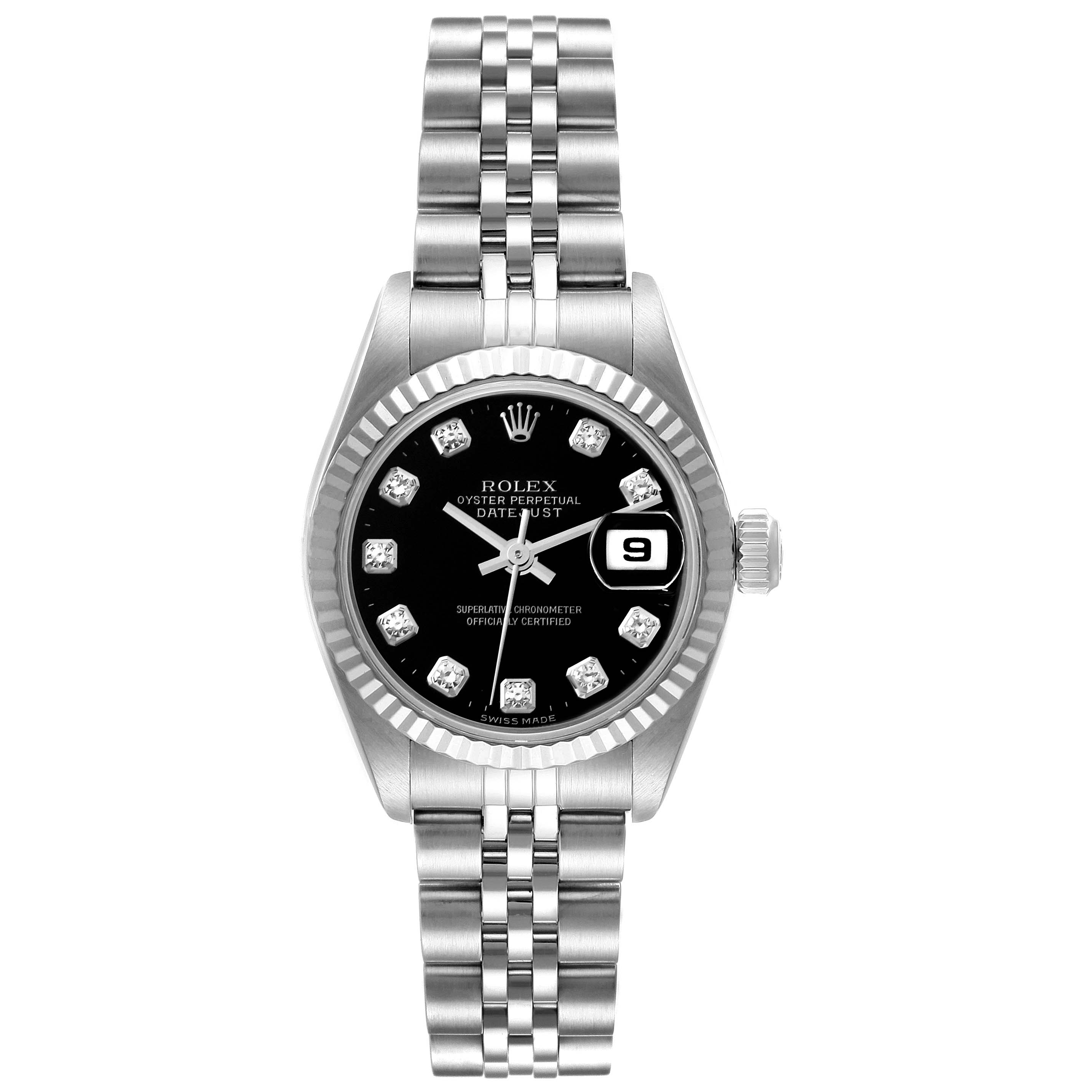 The image shows a front view of a Rolex Datejust 79174 Women's Stainless Steel Black Dial 79174 Women's Stainless Steel Black Dial watch displaying the dial, bracelet, and fluted bezel.